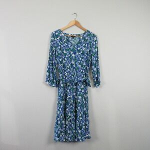 Talbots Floral Midi Dress Blue Green V Neck Long Sleeve Belted Size 8 Petite